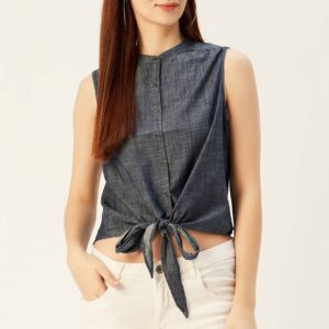 Solid Tie-Up Denim Casual Shirt
