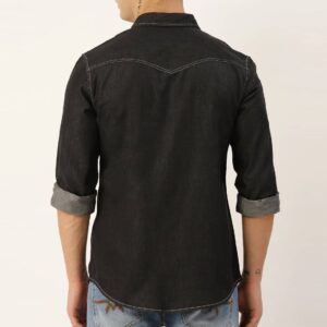 Charcoal Grey Slim Fit Solid Casual Denim Shirt